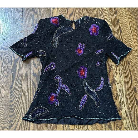 Vintage Lawrence Kazar Size M Black 100% Silk Beaded Sequin Evening Top Whimsy - Picture 9 of 9